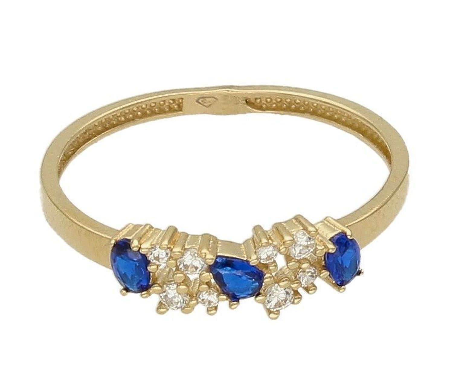 Złoty pierścionek 585 z białymi i niebieskimi cyrkoniami PI 6136A. Złoty pierścionek damski. Złoty pierścionek elegancki. Złoty pierścione.jpg